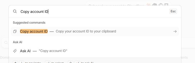Real Cloudflare quick-search dialog showing the Copy account ID command without revealing the copied identifier.
