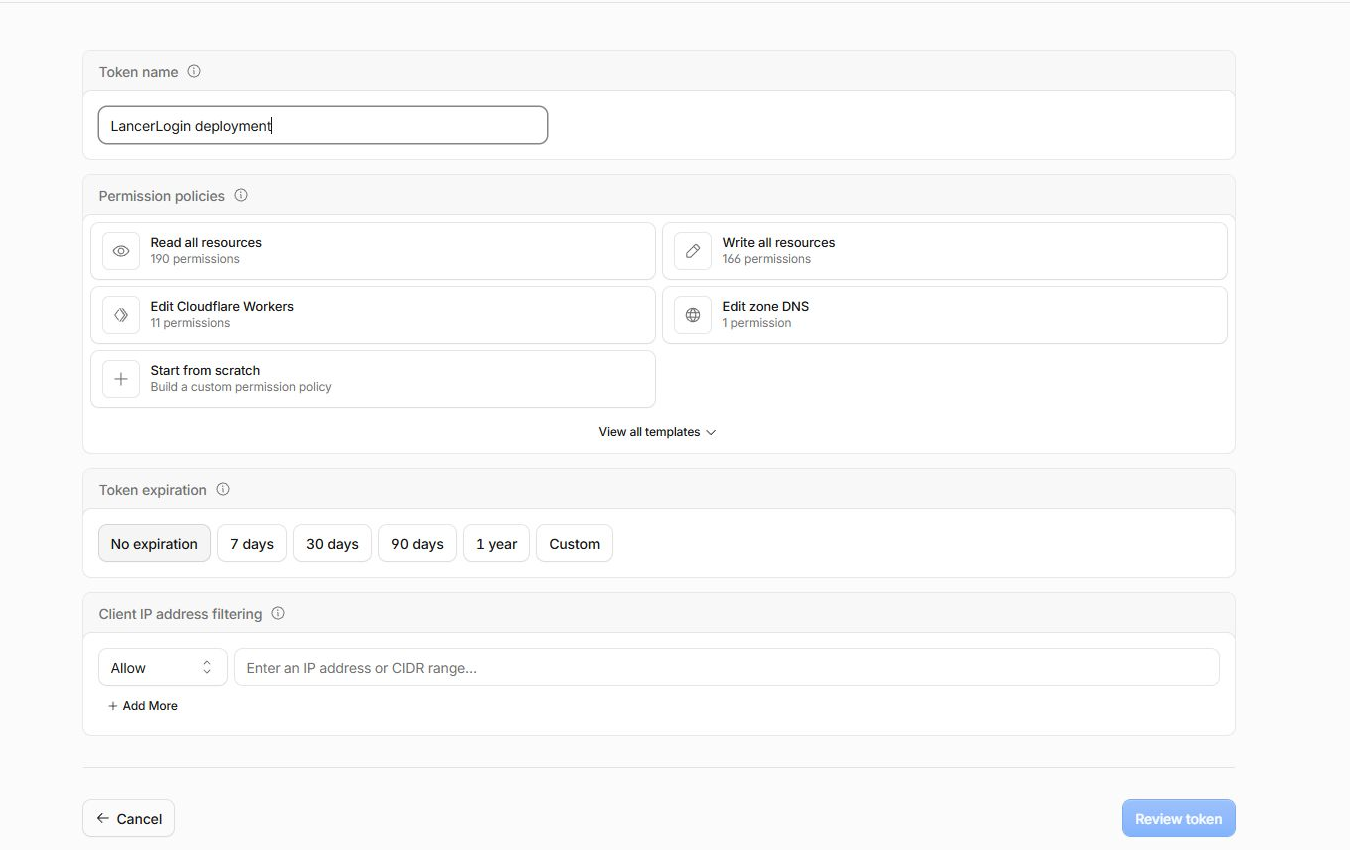 Real Cloudflare account token creation screen showing broad templates and the Start from scratch custom-policy option.
