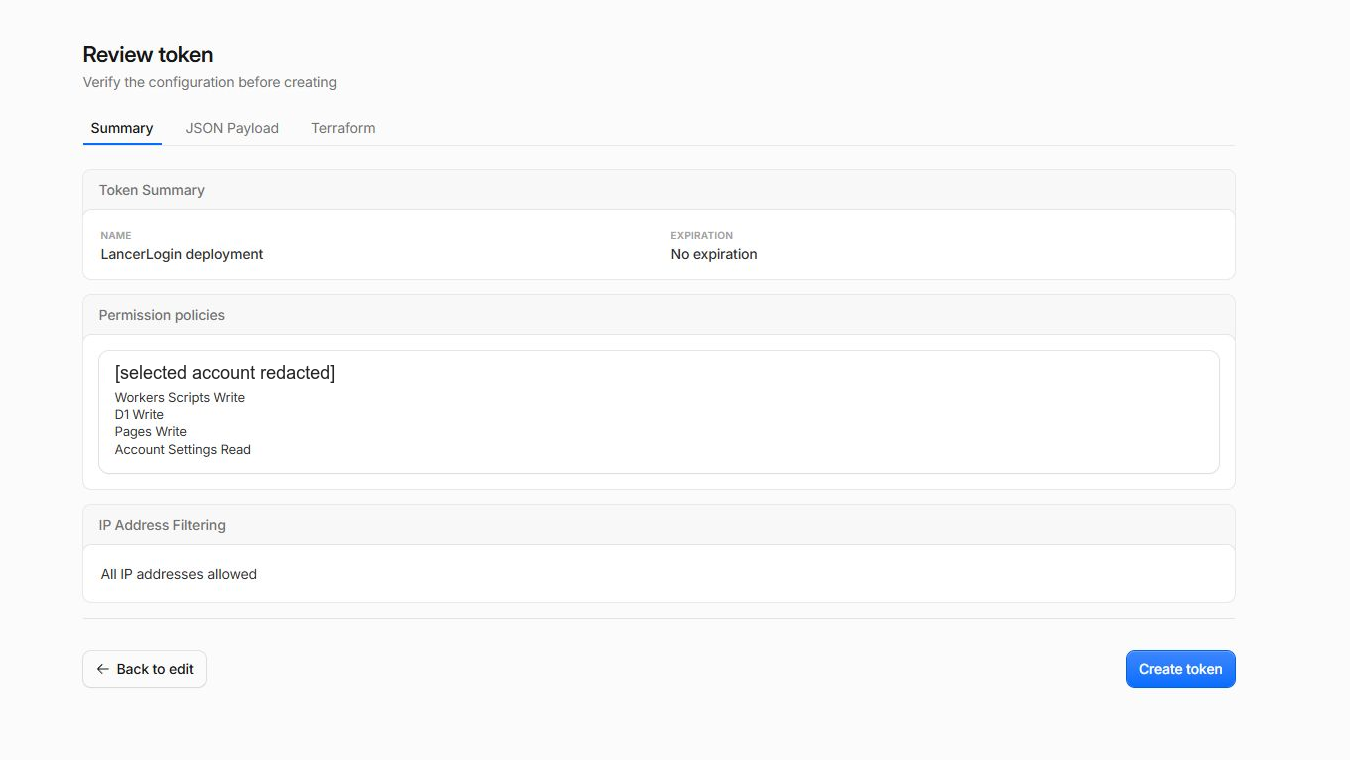 Account-redacted Cloudflare token review screen illustrating the four required LancerLogin permissions. The token value is not visible.