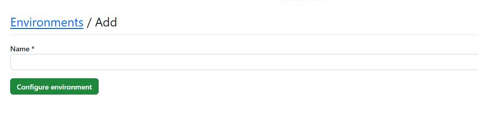 Real GitHub environment creation screen with an empty Name field and Configure environment button.
