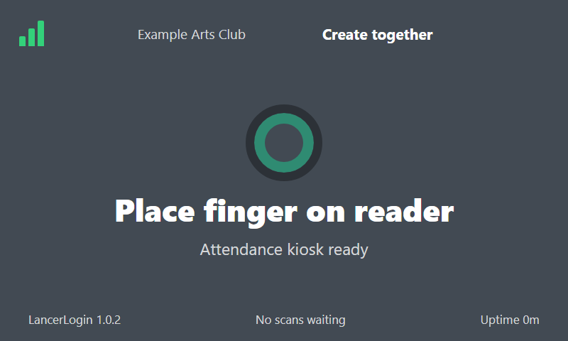 Source-backed LancerLogin kiosk preview at 800 by 480 pixels using synthetic Example Arts Club data. It shows a green network indicator, organization title, Place finger on reader prompt, status text, and reader, queue, and clock status in the footer.